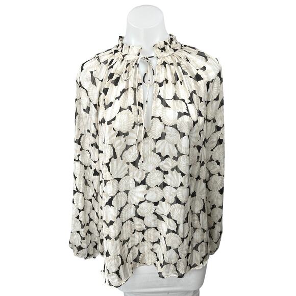 NEW H&M Beige Black Sea Shells Long Sleeve Mock Ruffle Keyhole Blouse Top Size M - Picture 1 of 5